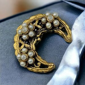 Tacoa Crescent Moon Brooch Vintage Flower Pearl Filigree Celestial Estate Pin